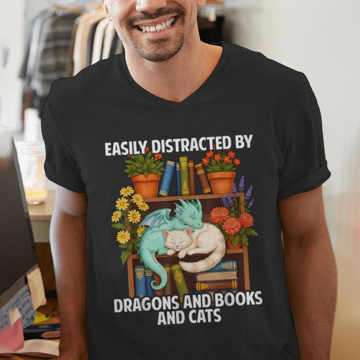 Easily Distracted By Dragons Books Cats Fantasy Book Lover Men's V-Neck T-Shirt