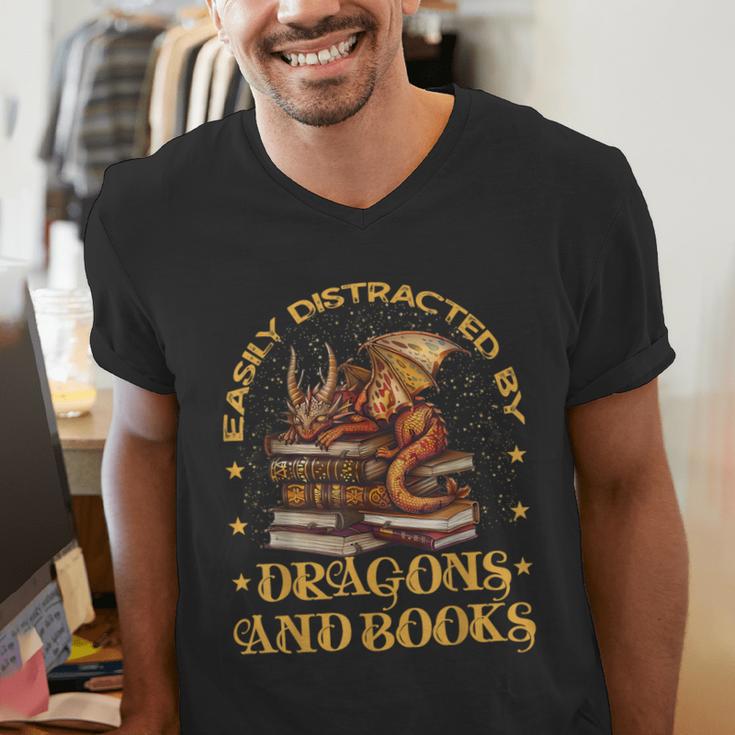 Easily Distracted By Dragons And Books Fantasy Book Lover Men's V-Neck T-Shirt