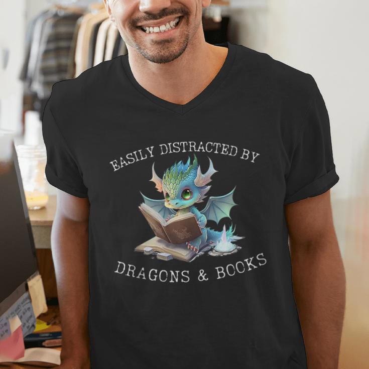 Easily Distracted By Dragons And Books Introvert Shirt Men's V-Neck T-Shirt Easily Distracted By Dragons And Books Introvert Shirt Men's V-Neck T-Shirt