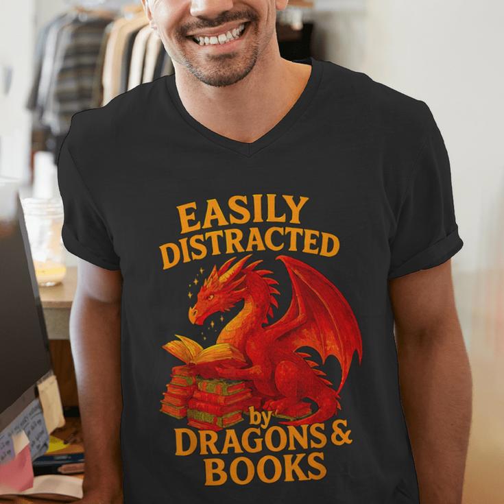 Easily Distracted By Dragons And Books Reading Men's V-Neck T-Shirt