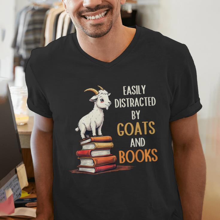 Easily Distracted By Goats And Books Goats And Book Reading Men's V-Neck T-Shirt