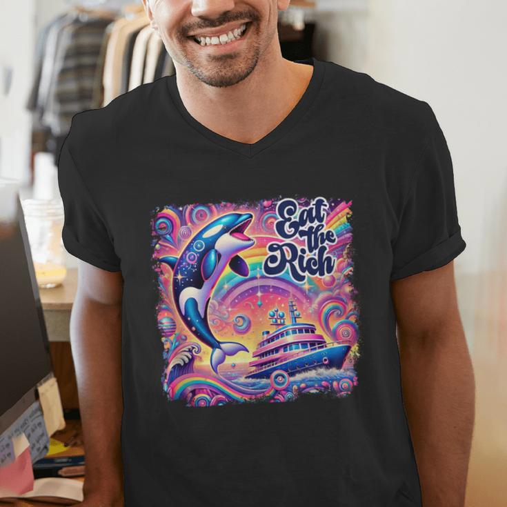 EAT THE RICH 90S NOSTALGIA WHALE ORCA YAHCT RETRO Men's V-Neck T-Shirt