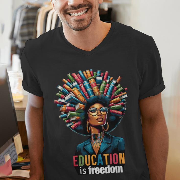 Education Is Freedom History Month Teacher Books Afro For Men Women Men's V-Neck T-Shirt Education Is Freedom History Month Teacher Books Afro For Men Women Men's V-Neck T-Shirt