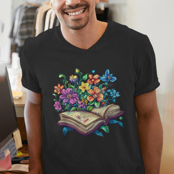 Enchanted Open Book With Blooming Flowers Men's V-Neck T-Shirt