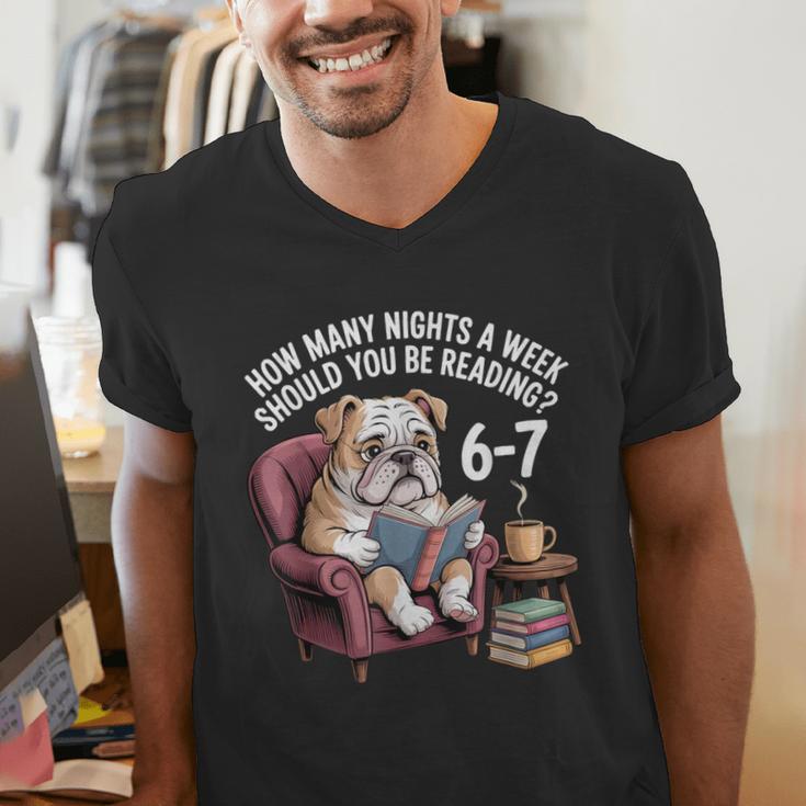 English Bulldog Dog Reading Book 67 Six Seven Meme Men's V-Neck T-Shirt English Bulldog Dog Reading Book 67 Six Seven Meme Men's V-Neck T-Shirt
