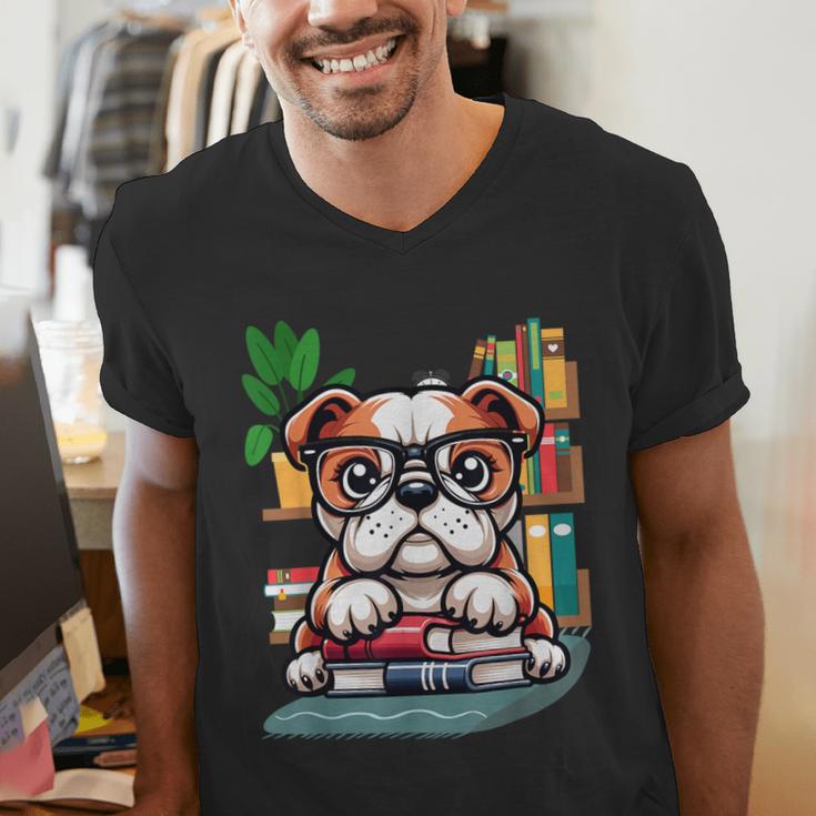 English Bulldog Reading a Book Dog Men's V-Neck T-Shirt English Bulldog Reading a Book Dog Men's V-Neck T-Shirt
