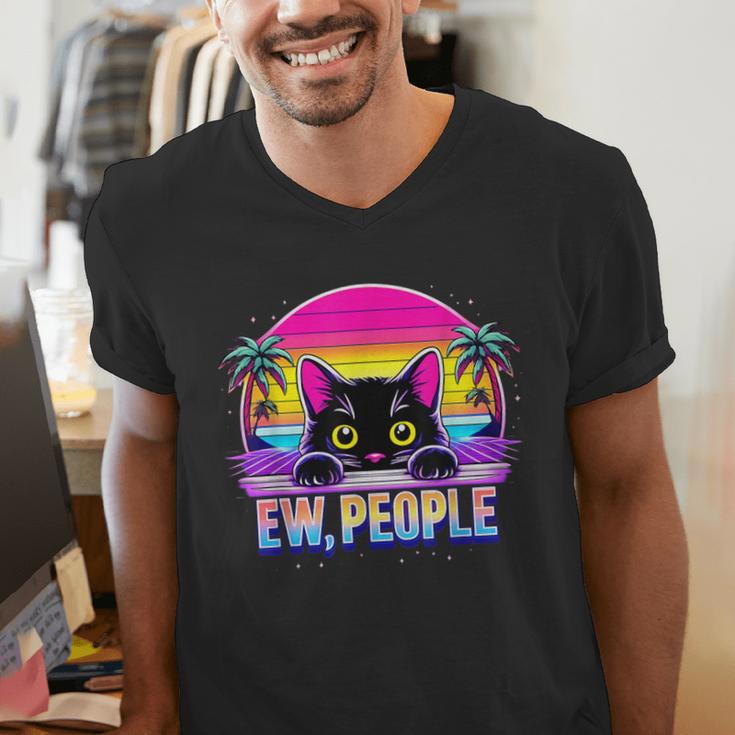 Ew Cat Misanthrope Introvert Synthwave 80s Men's V-Neck T-Shirt