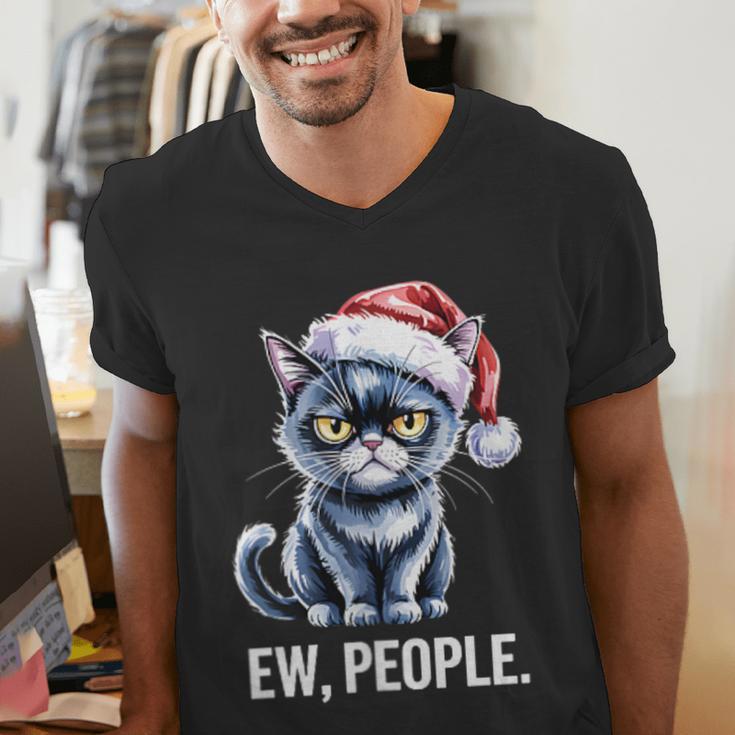Ew People Christmas Cat Santa Hat Dad Introvert Men's V-Neck T-Shirt Ew People Christmas Cat Santa Hat Dad Introvert Men's V-Neck T-Shirt