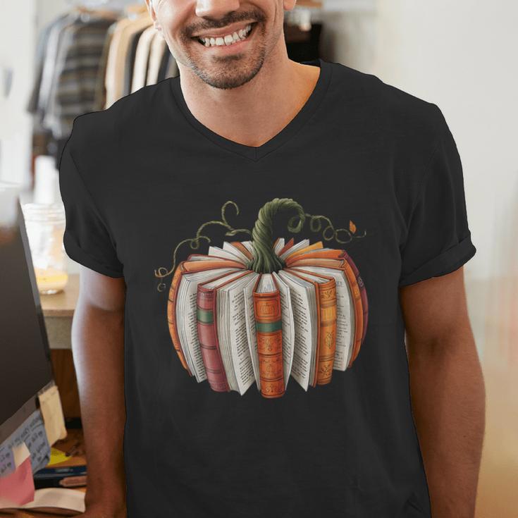 Fall Book Pumpkin Halloween Teacher Librarian Thanksgiving Men's V-Neck T-Shirt