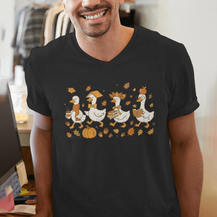 Fall Goose Reading Book Teacher Autumn Pumpkin Cozy Season Men's V-Neck T-Shirt