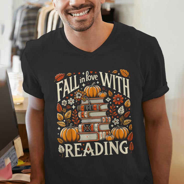 Fall In Love With Reading Book Autumn Pumpkins And Teachers Men's V-Neck T-Shirt