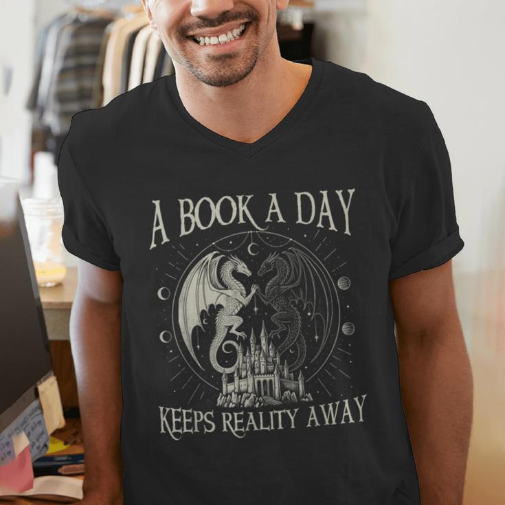 Fantasy Book Club Dragon Reader Book A Day Keep Reality Away Men's V-Neck T-Shirt Fantasy Book Club Dragon Reader Book A Day Keep Reality Away Men's V-Neck T-Shirt