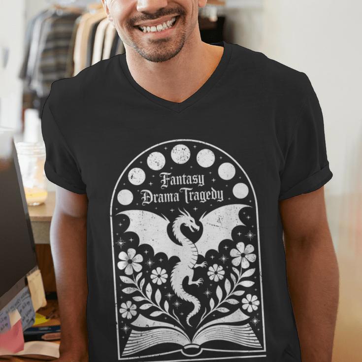Fantasy Drama Tragedy Dragon Book Magic Gothic Moon Phases Men's V-Neck T-Shirt Fantasy Drama Tragedy Dragon Book Magic Gothic Moon Phases Men's V-Neck T-Shirt