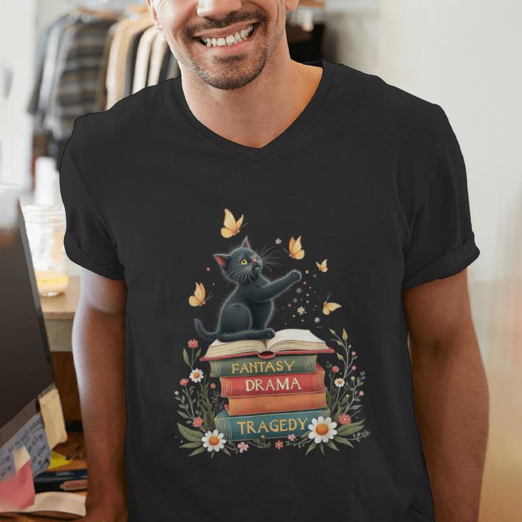 Fantasy Drama Tragedy Reading Lover Book Cat Humor Men's V-Neck T-Shirt Fantasy Drama Tragedy Reading Lover Book Cat Humor Men's V-Neck T-Shirt