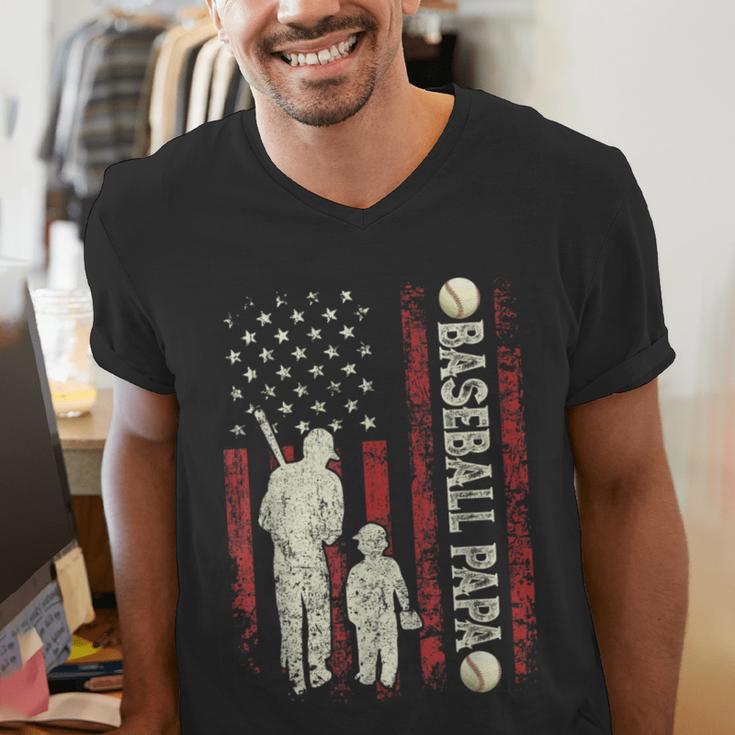 Father's Day Baseball Papa USA Flag Dad Men Baseball Men's V-Neck T-Shirt
