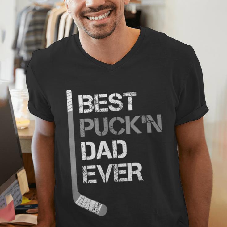 Father's Day Hockey Dad Best Puck'n Dad Ever Men's V-Neck T-Shirt