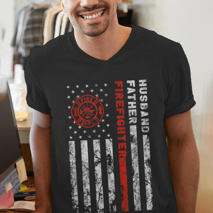 Firefighter Husband Father Fireman For Dad Men's V-Neck T-Shirt