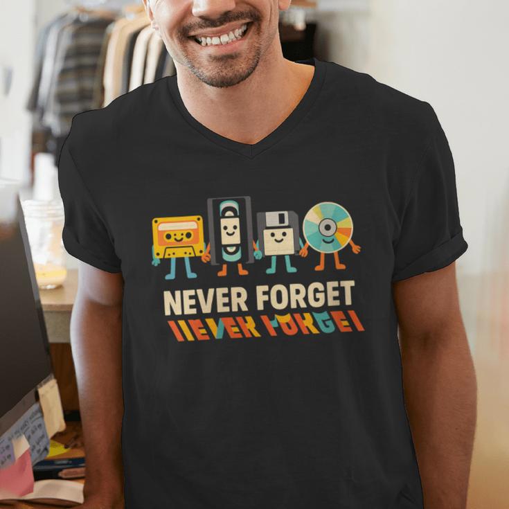 Never Forget Retro Cassette VHS Floppy CD Nostalgia Humor Men's V-Neck T-Shirt Never Forget Retro Cassette VHS Floppy CD Nostalgia Humor Men's V-Neck T-Shirt