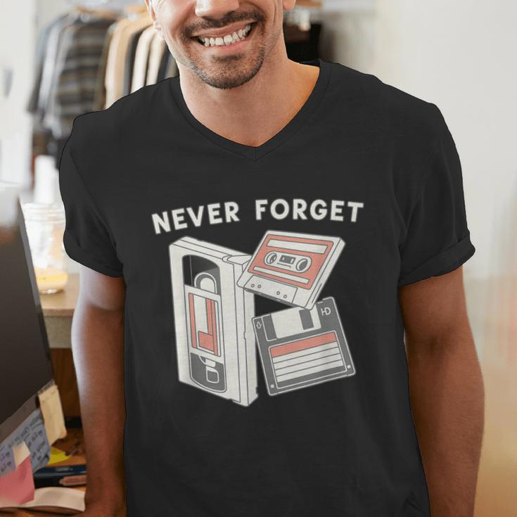 Never Forget VHS Tape Cassette Floppy Disk Nostalgia 80s 90s Men's V-Neck T-Shirt