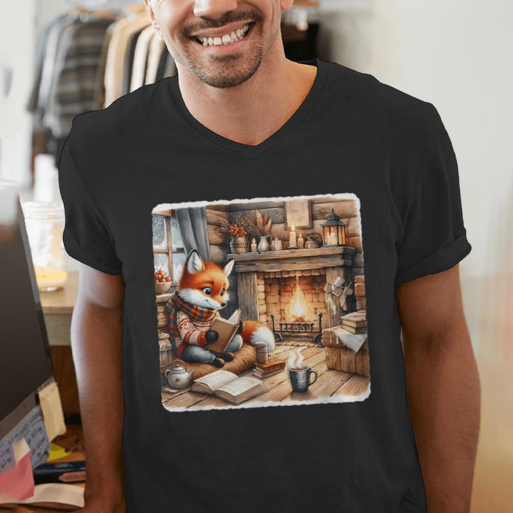 Fox Reads By Fireplace In Cabin Rustic Book Cozy Cup Tea Men's V-Neck T-Shirt