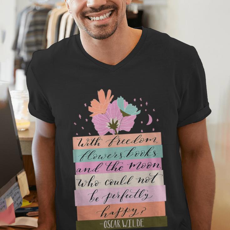 With Freedom Flowers Books And The Moon Men's V-Neck T-Shirt