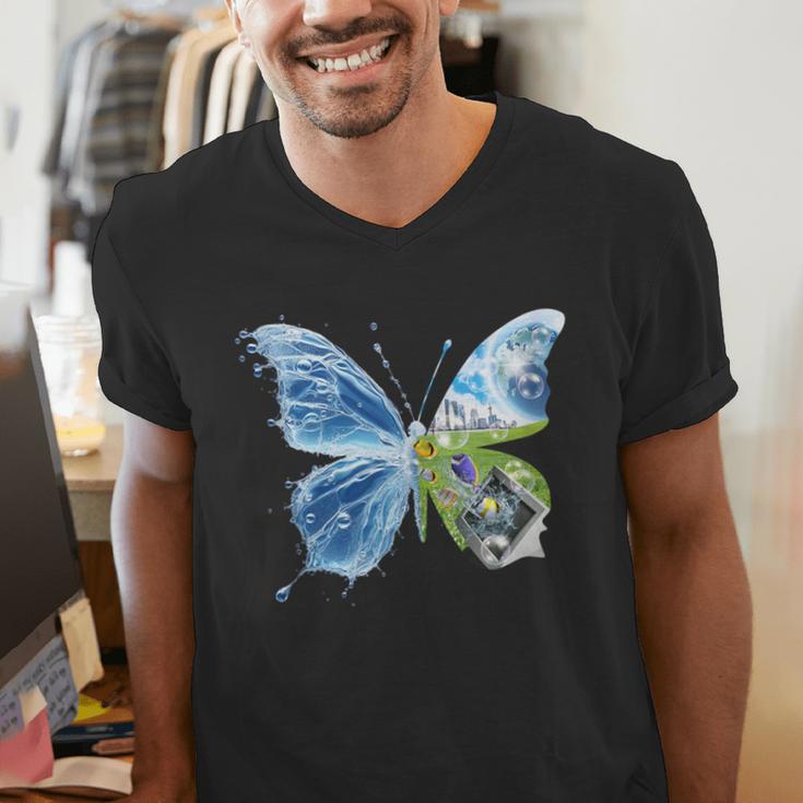 Frutiger Aero Aesthetic Butterfly Computer Fishes Scenery Men's V-Neck T-Shirt