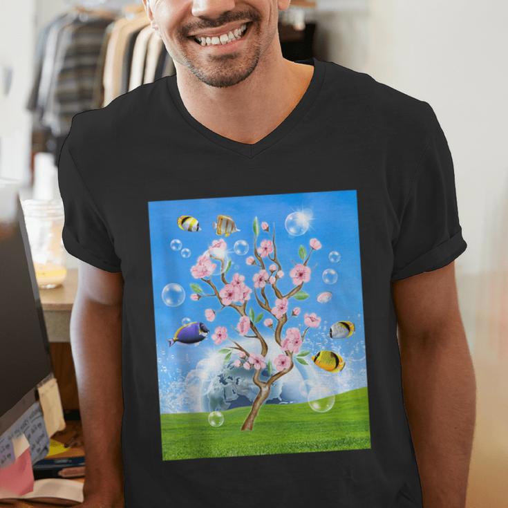 Frutiger Aero Aesthetic Tech Cherry Blossom Fishes Bubbles Men's V-Neck T-Shirt