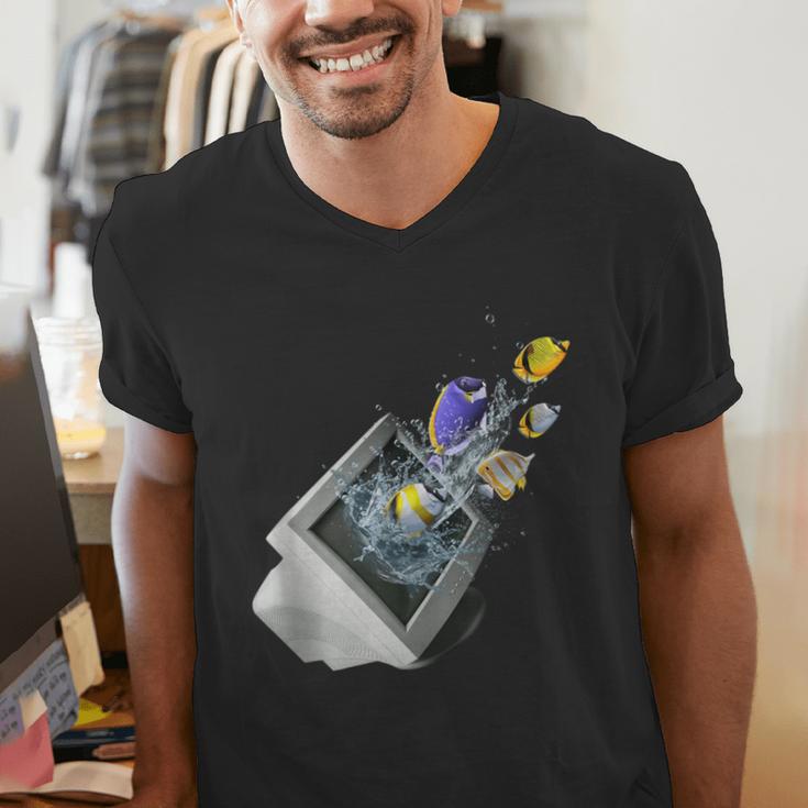 Frutiger Aero Aesthetic Tech Computer Aquarium Fishes Men's V-Neck T-Shirt