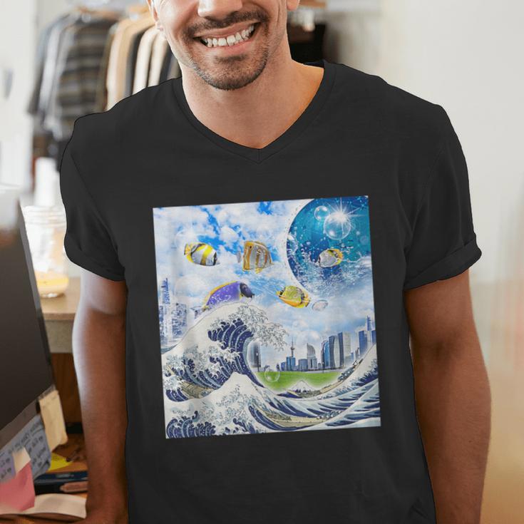 Frutiger Aero Aesthetic Tech Great Wave Of Kanagawa Fishes Men's V-Neck T-Shirt Frutiger Aero Aesthetic Tech Great Wave Of Kanagawa Fishes Men's V-Neck T-Shirt