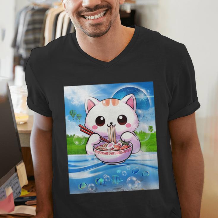 Frutiger Aero Aesthetic Tech Kawaii Ramen Cat Fishes Men's V-Neck T-Shirt Frutiger Aero Aesthetic Tech Kawaii Ramen Cat Fishes Men's V-Neck T-Shirt