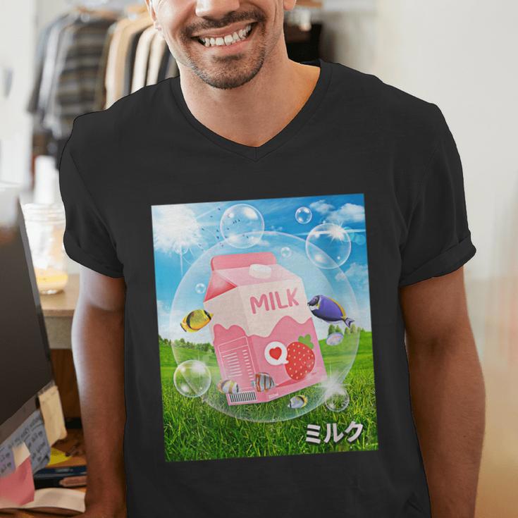 Frutiger Aero Aesthetic Tech Kawaii Strawberry Milk Fishes Men's V-Neck T-Shirt Frutiger Aero Aesthetic Tech Kawaii Strawberry Milk Fishes Men's V-Neck T-Shirt