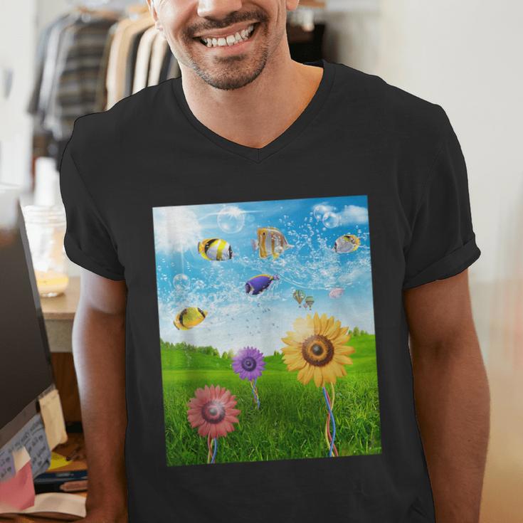 Frutiger Aero Aesthetic Tech Scenery Fishes Sunflower Men's V-Neck T-Shirt Frutiger Aero Aesthetic Tech Scenery Fishes Sunflower Men's V-Neck T-Shirt