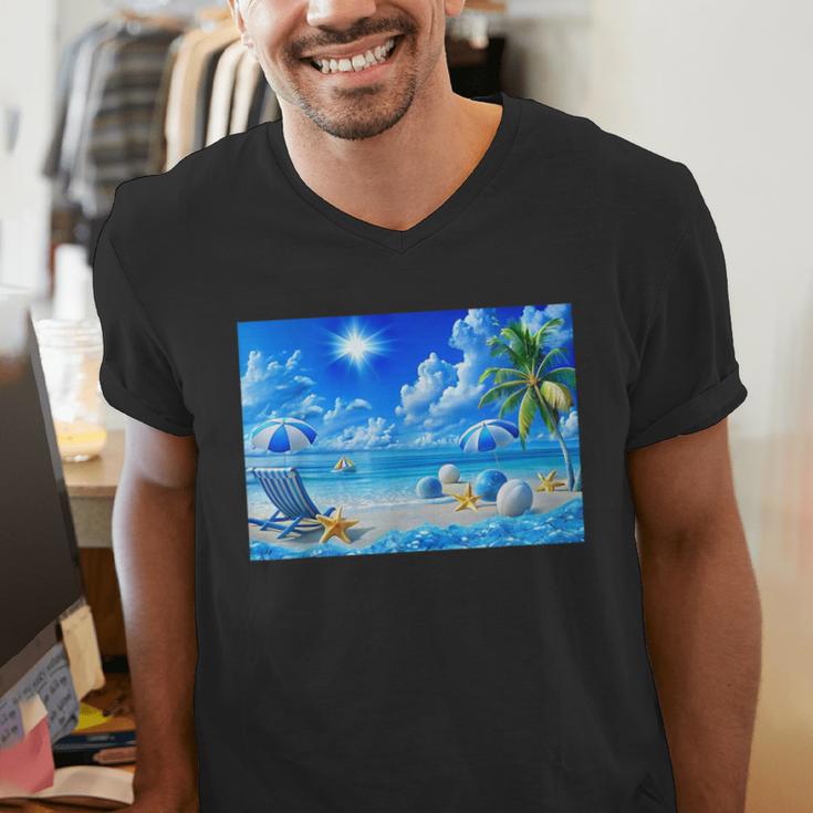 Frutiger Aero Beach Y2k Aesthetic Palm Tree Sand Ocean Men Women Girls Kids Men's V-Neck T-Shirt