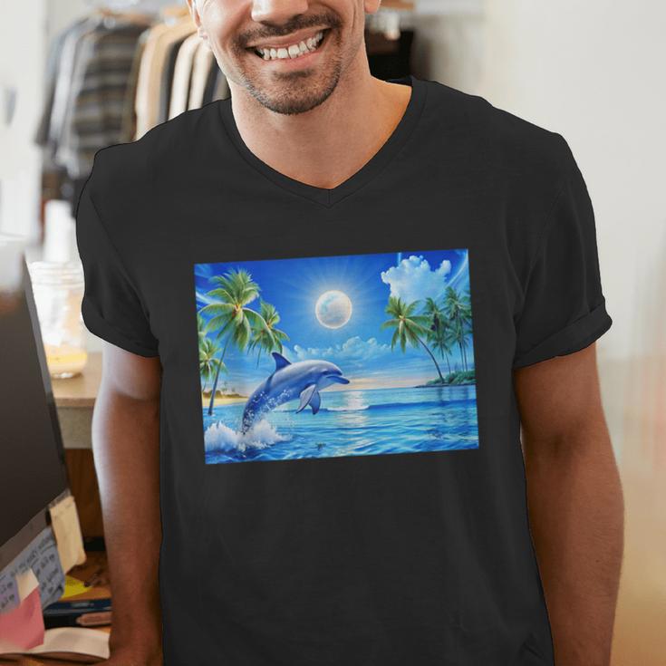 Frutiger Aero Dolphin Sunset Ocean With Palm Trees Y2k Men's V-Neck T-Shirt Frutiger Aero Dolphin Sunset Ocean With Palm Trees Y2k Men's V-Neck T-Shirt