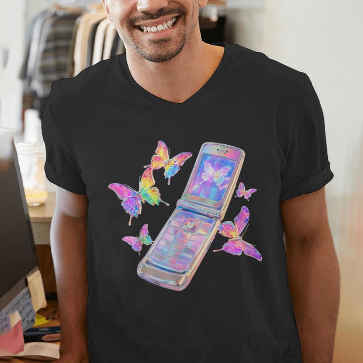 Frutiger Aero Y2K Chrome Phone Butterfly Men's V-Neck T-Shirt