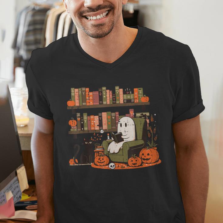 Ghost Library Reading Books Halloween Men Women Kids Men's V-Neck T-Shirt Ghost Library Reading Books Halloween Men Women Kids Men's V-Neck T-Shirt