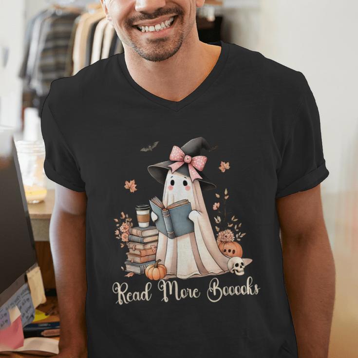 Ghost Reading Book Coquette Bow Halloween Girl Kid Teacher Men's V-Neck T-Shirt