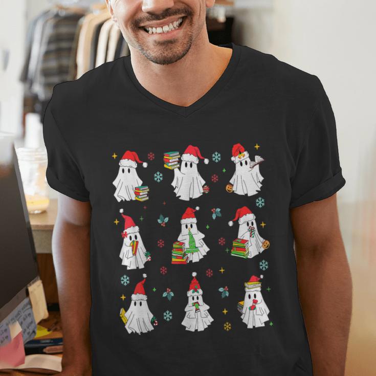 Ghosts Wearing Santa Hats Reading Books Christmas Book Lover Men's V-Neck T-Shirt