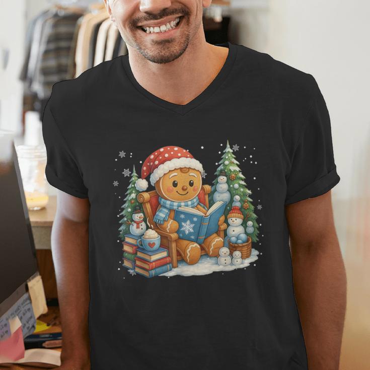 Gingerbread Reading Book Lovers Christmas Bookworm Librarian Men's V-Neck T-Shirt Gingerbread Reading Book Lovers Christmas Bookworm Librarian Men's V-Neck T-Shirt