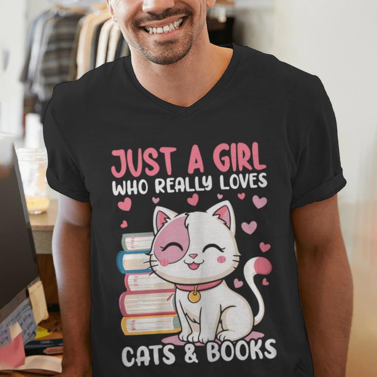 Girl Who Loves Cats And Books Cute Men's V-Neck T-Shirt