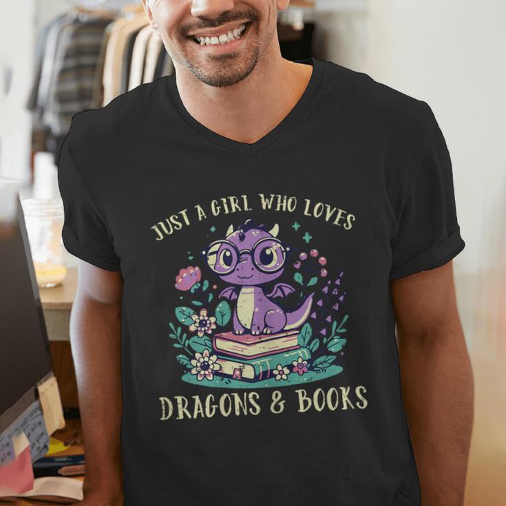 Girls Loves Dragon Books Fantasy Girls Kids Toddler Women Men's V-Neck T-Shirt