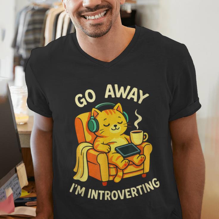 Go Away I'm Introverting Cat Coffee Headphones Men's V-Neck T-Shirt Go Away I'm Introverting Cat Coffee Headphones Men's V-Neck T-Shirt