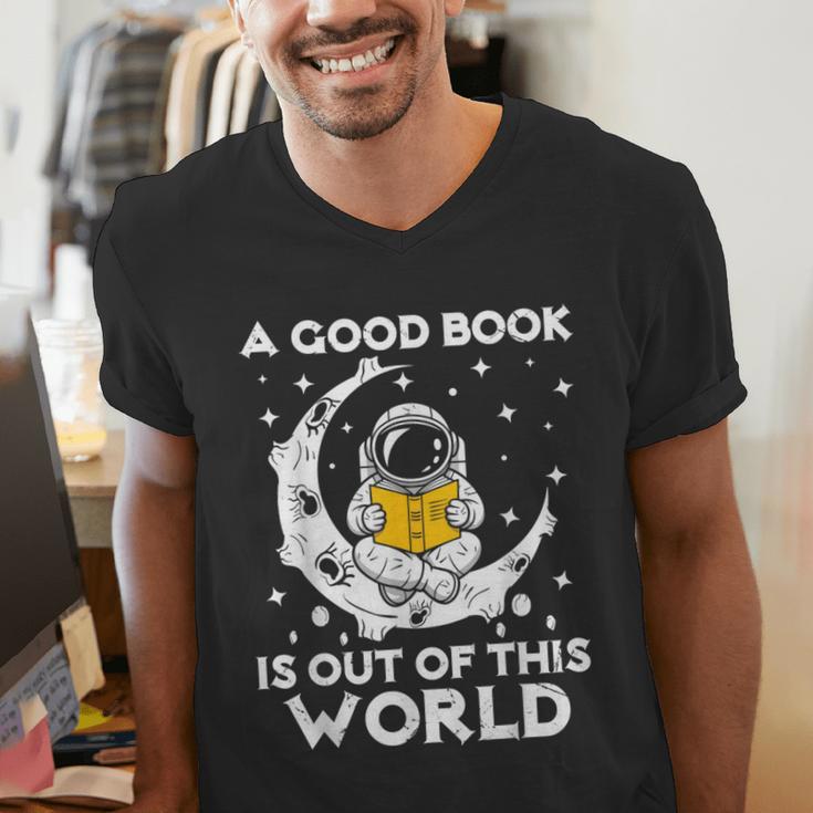 Good Book Is Out Of This World Astronaut Moon Space Reading Men's V-Neck T-Shirt