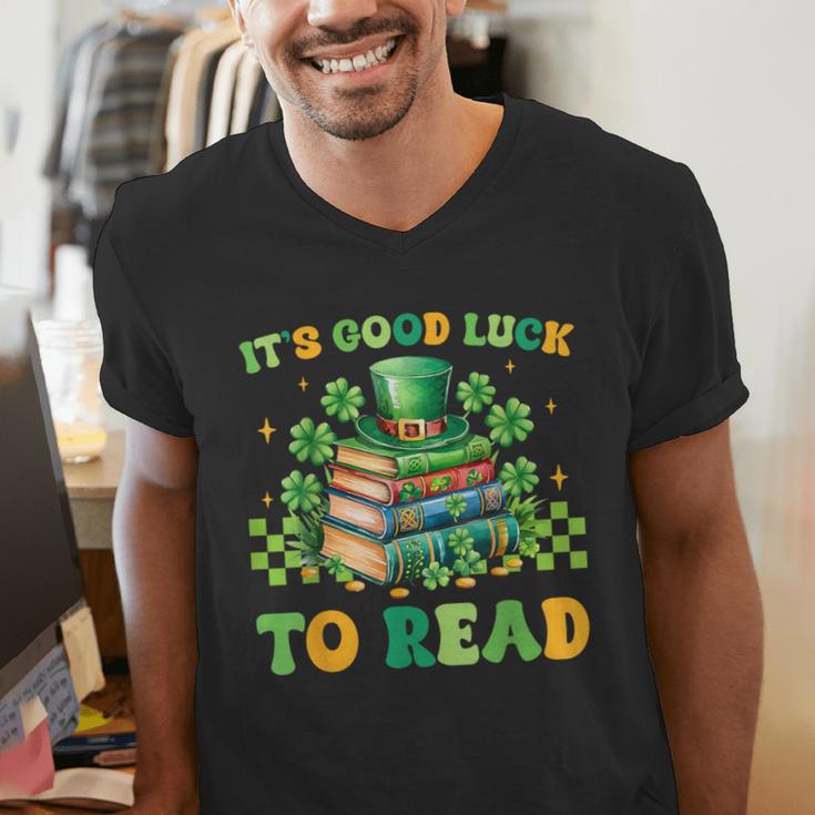 Goods Luck Read Librarian Book Patrick Days Shamrock Clover Men's V-Neck T-Shirt