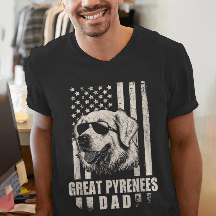 Great Pyrenees Dog Dad American Flag For Father Men Men's V-Neck T-Shirt Great Pyrenees Dog Dad American Flag For Father Men Men's V-Neck T-Shirt
