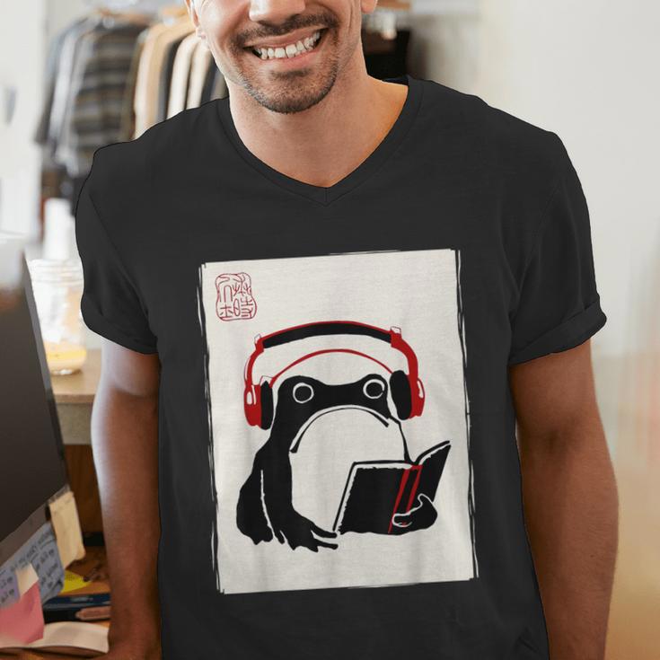Grumpy Frog Books Music Kawaii Ink Japanese Men's V-Neck T-Shirt