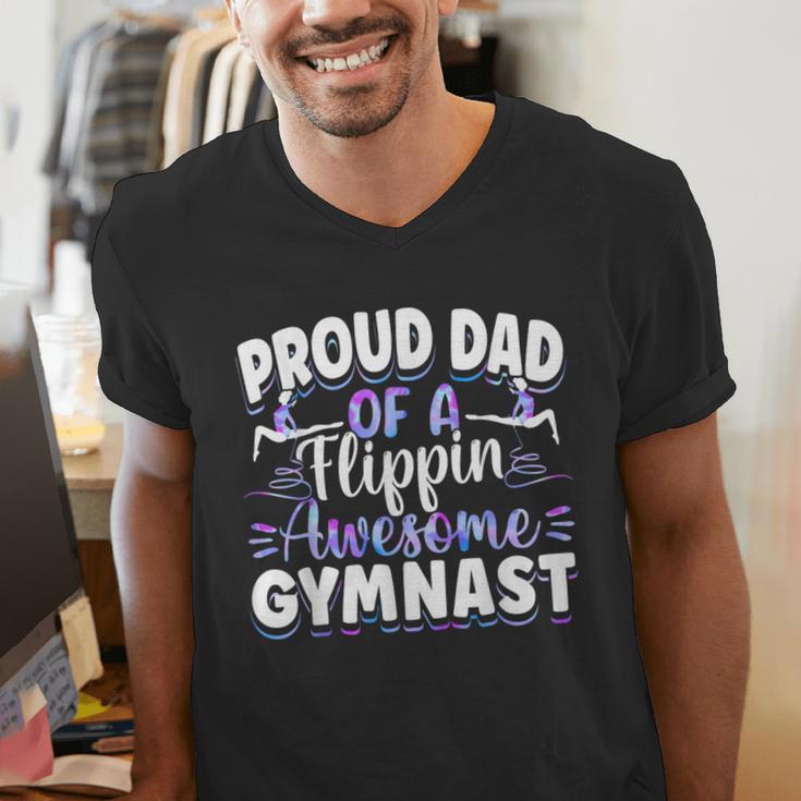 Gymnastics Watercolor Proud Dad Of A Flippin Awesome Gymnast Men's V-Neck T-Shirt Gymnastics Watercolor Proud Dad Of A Flippin Awesome Gymnast Men's V-Neck T-Shirt
