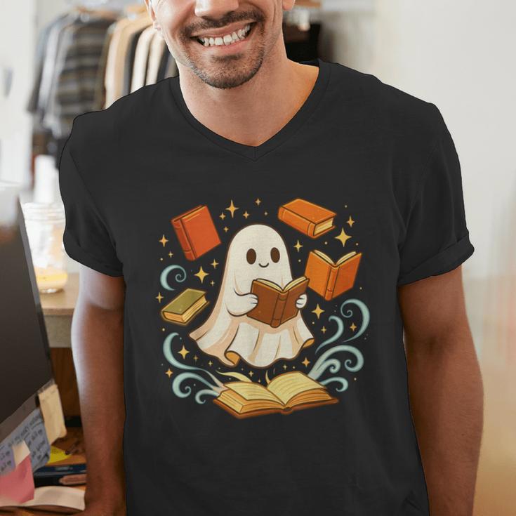 Halloween Cute Ghost Shirt Reading Books Ghost Men's V-Neck T-Shirt Halloween Cute Ghost Shirt Reading Books Ghost Men's V-Neck T-Shirt