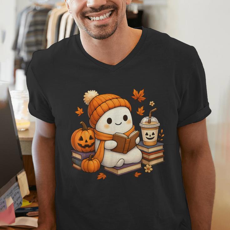 Halloween Ghost Reading Book Lovers Coffee Girl Women Men's V-Neck T-Shirt Halloween Ghost Reading Book Lovers Coffee Girl Women Men's V-Neck T-Shirt