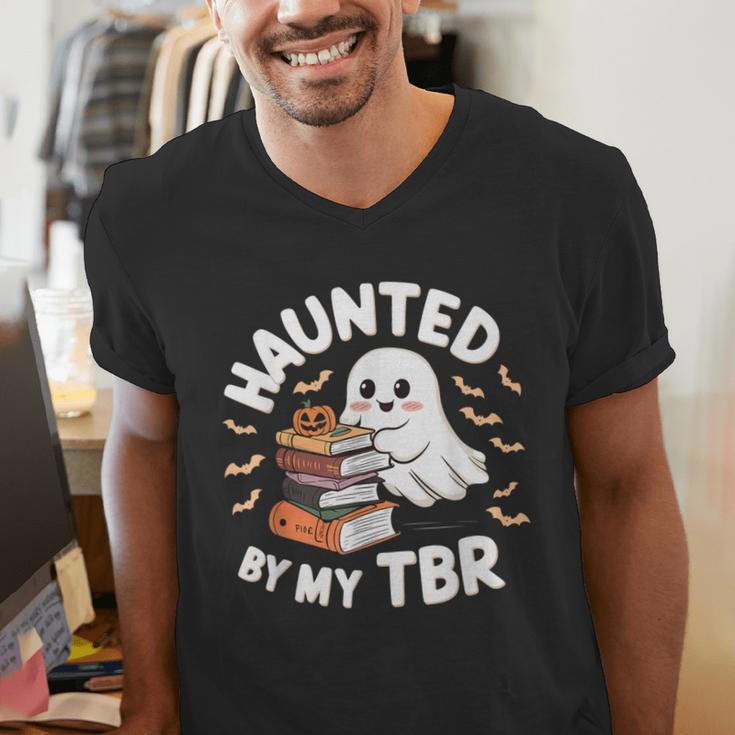 Haunted By My TBR Cute Ghost Book Reading Teacher Halloween Men's V-Neck T-Shirt